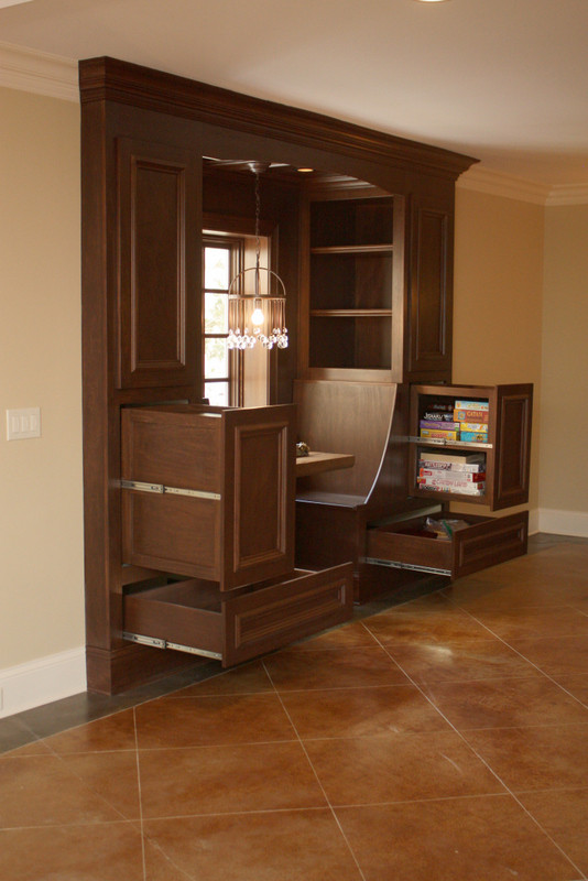 Basement - large transitional look-out ceramic tile basement idea in Chicago with beige walls