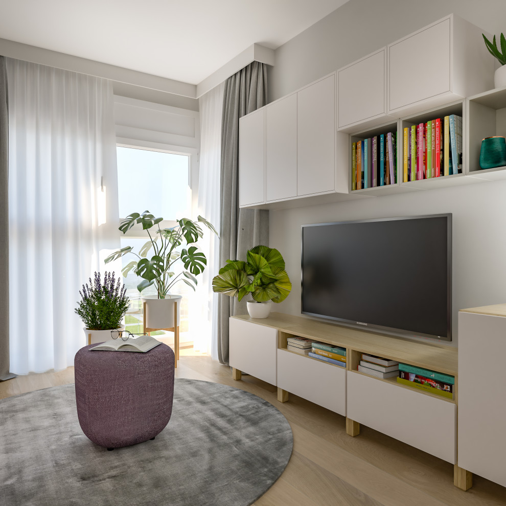 Ispirazione per un piccolo soggiorno design aperto con libreria, pareti multicolore, pavimento in vinile e TV a parete