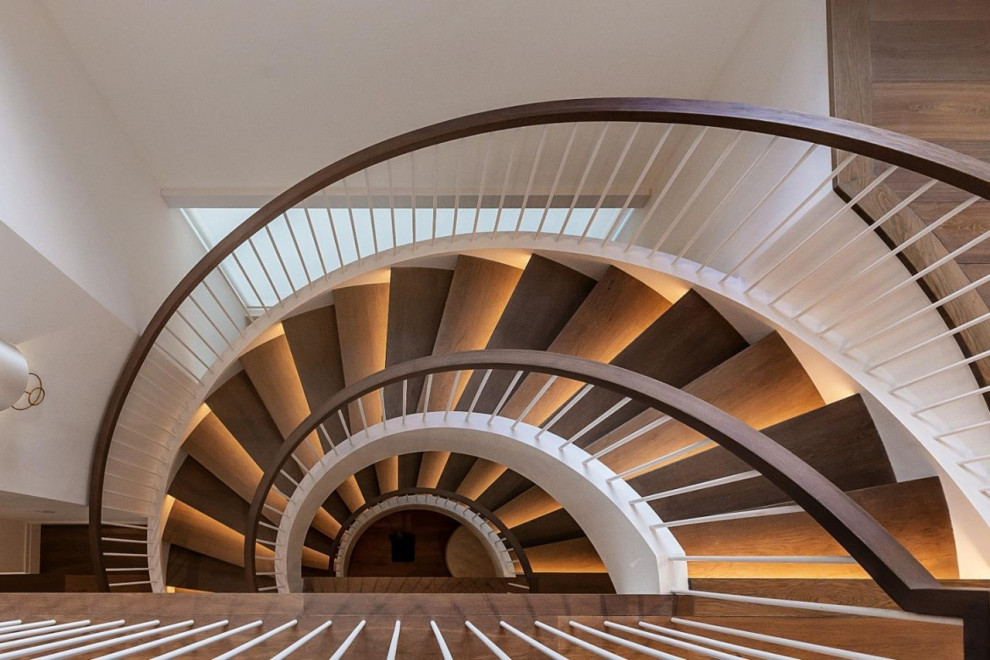 Пример оригинального дизайна: лестница среднего размера в стиле модернизм