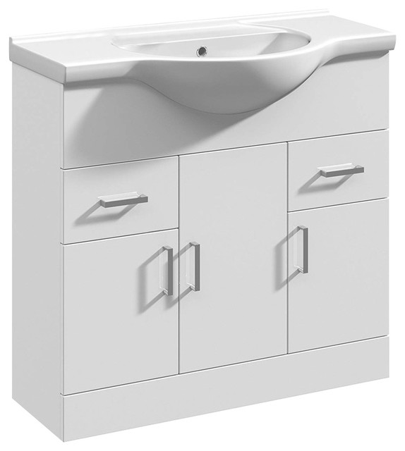 Modern Vanity Unit Basin Sink, White Ceramic and MDF With 3 Door and 2 Drawer