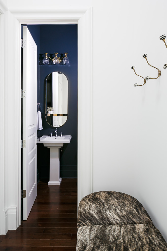 Mistflower - Inspiration for a small transitional 3/4 medium tone wood floor and brown floor bathroom remodel in Louisville with black walls and a pedestal sink