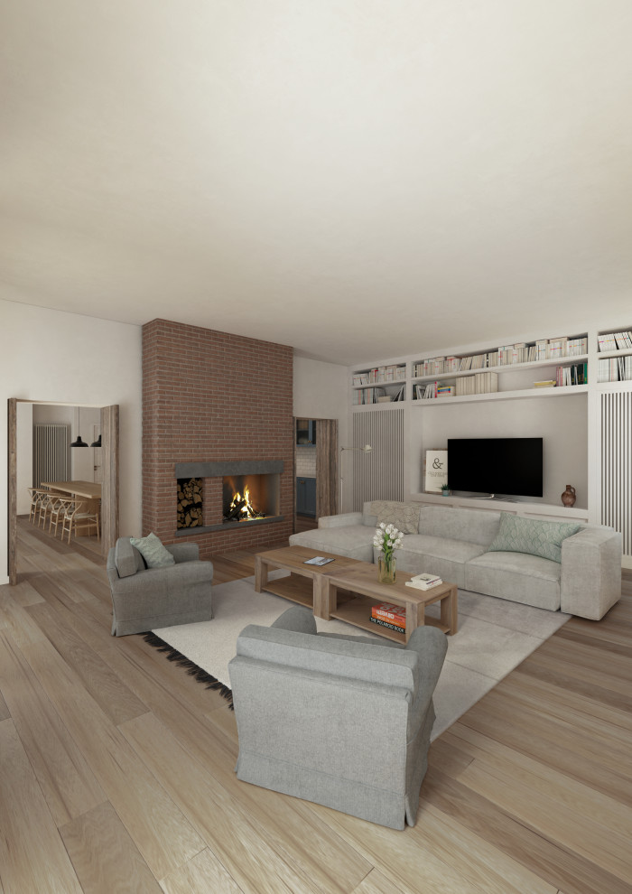 Photo of an expansive rustic open plan living room in Other with a reading nook, beige walls, light hardwood flooring, a standard fireplace, a brick fireplace surround, a freestanding tv, brown floors, a drop ceiling and panelled walls.