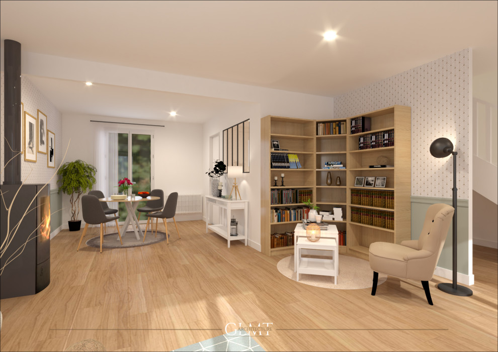 Cette photo montre un grand salon scandinave ouvert avec une bibliothèque ou un coin lecture, un mur vert, parquet clair, un poêle à bois, un téléviseur fixé au mur et du papier peint.