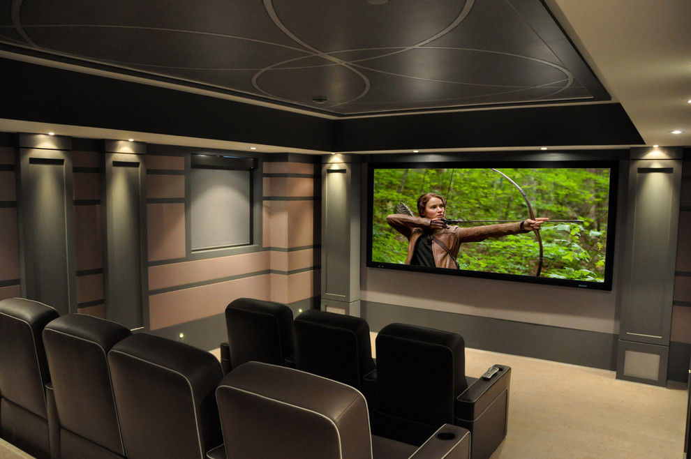 Inspiration for a contemporary home theatre in Toronto.