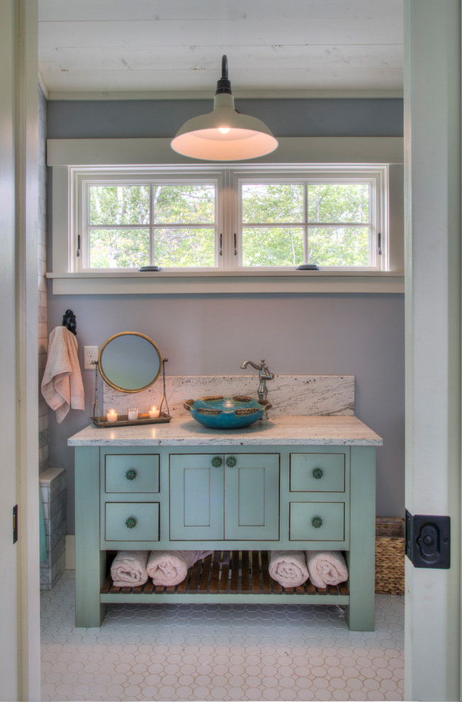 Inspiration for a mid-sized country 3/4 bathroom in Minneapolis with shaker cabinets, blue cabinets, grey walls, ceramic floors, a vessel sink, granite benchtops, white floor and white benchtops.
