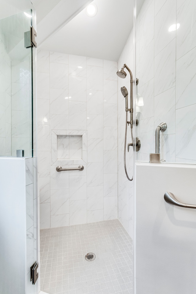 Design ideas for a mid-sized transitional master bathroom in DC Metro with recessed-panel cabinets, grey cabinets, an alcove tub, a corner shower, grey walls, vinyl floors, an undermount sink, engineered quartz benchtops, a hinged shower door and white benchtops.