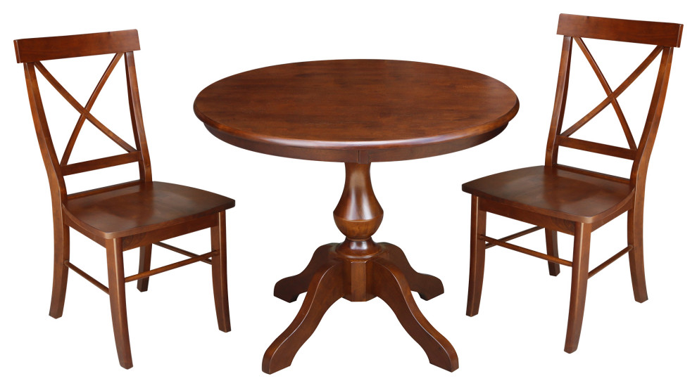 36" Round Top Pedestal Table With 2 Chairs Transitional Dining Sets