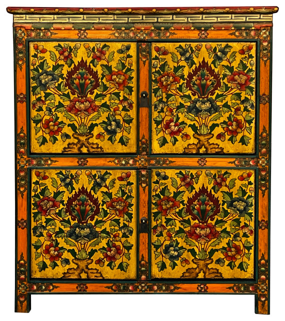 Chinese Tibetan Treasure Color Flower Graphic Credenza Storage Cabinet Hcs7400