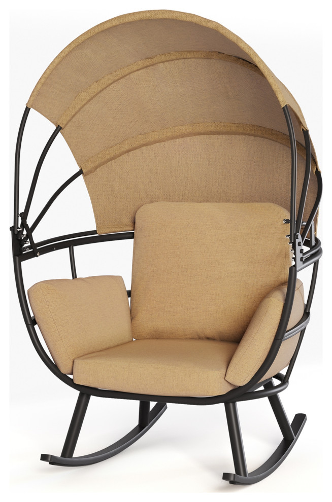 Egg Chair, Outdoor Indoor Rocking Chair with Folding Canopy, Black,tan,tan