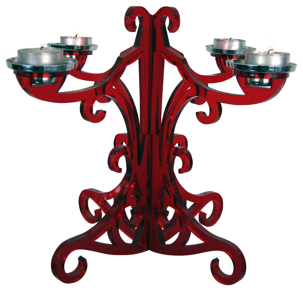 Lucite Candelabra, Red Candleholders by Boom USA