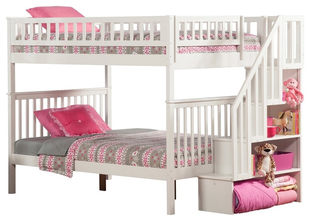AFI Woodland Twin Over Twin Solid Wood Staircase Bunk Bed in White