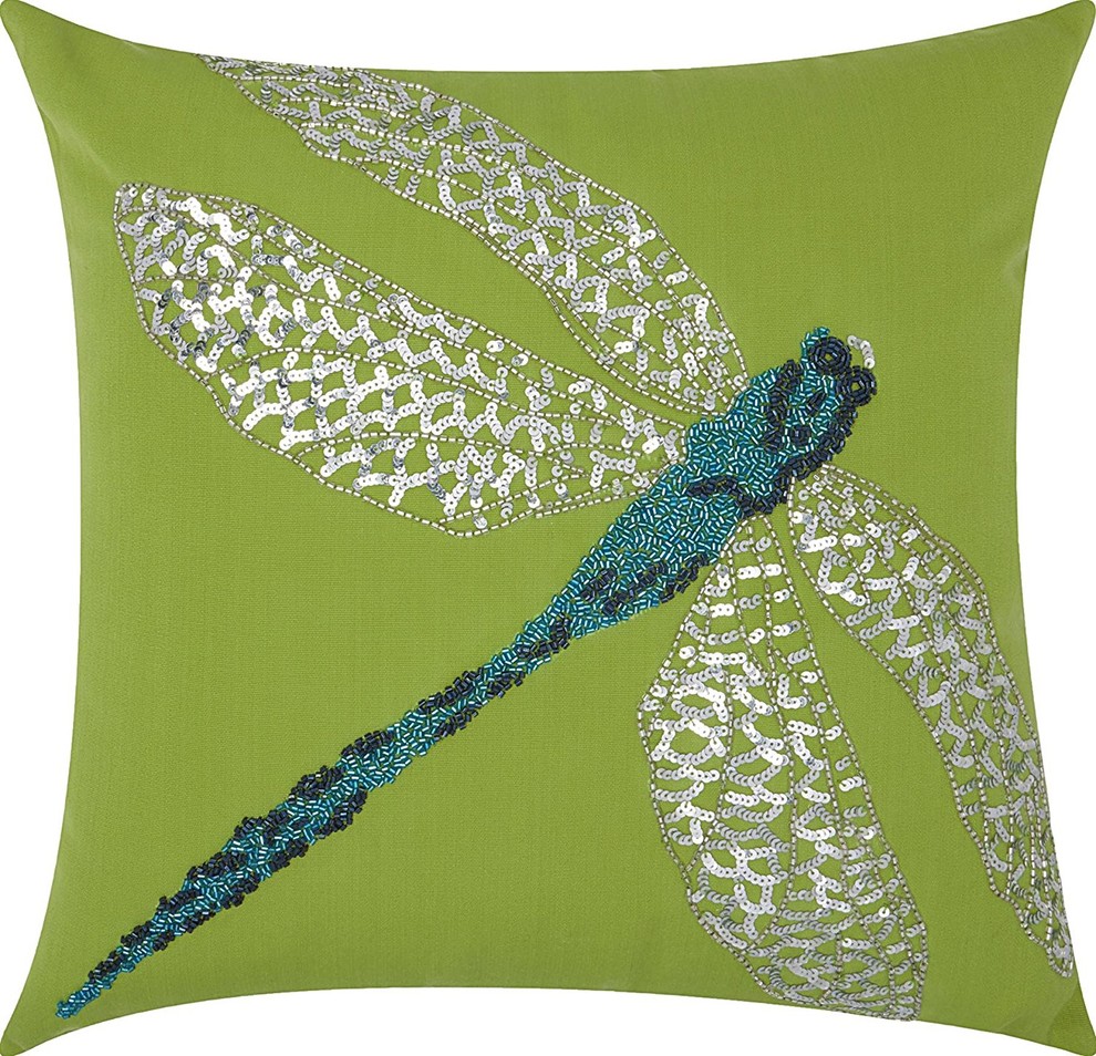 Mina Victory  Beaded Dragonfly Turqois Green Outdoor Throw Pillow