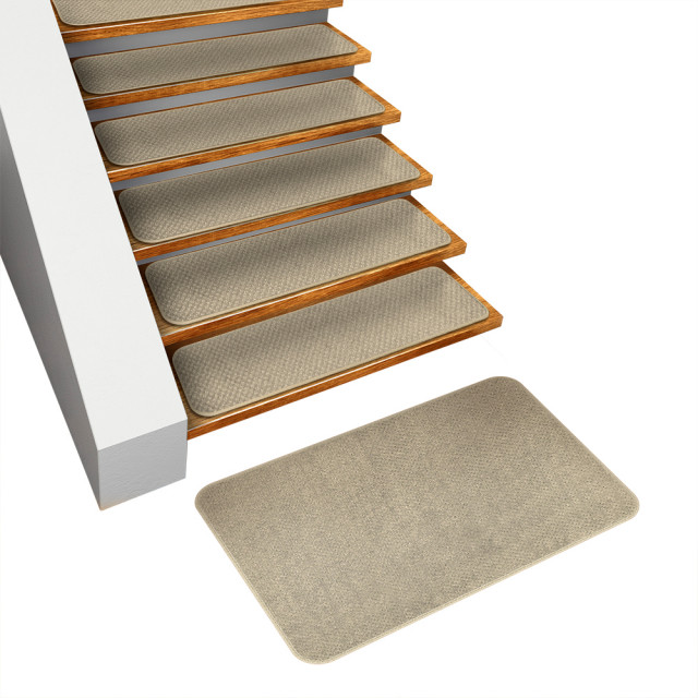 Set of 15 SkidResistant Carpet Stair Tread & Matching Landing Rug, Ivory Cream Modern Stair