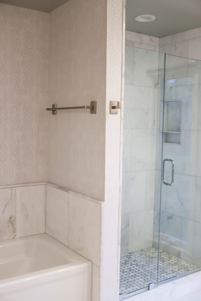 Example of a mid-sized transitional master white tile and marble tile ceramic tile and gray floor alcove bathtub design with gray walls, beaded inset cabinets, white cabinets, a two-piece toilet, an undermount sink, quartzite countertops and a hinged shower door