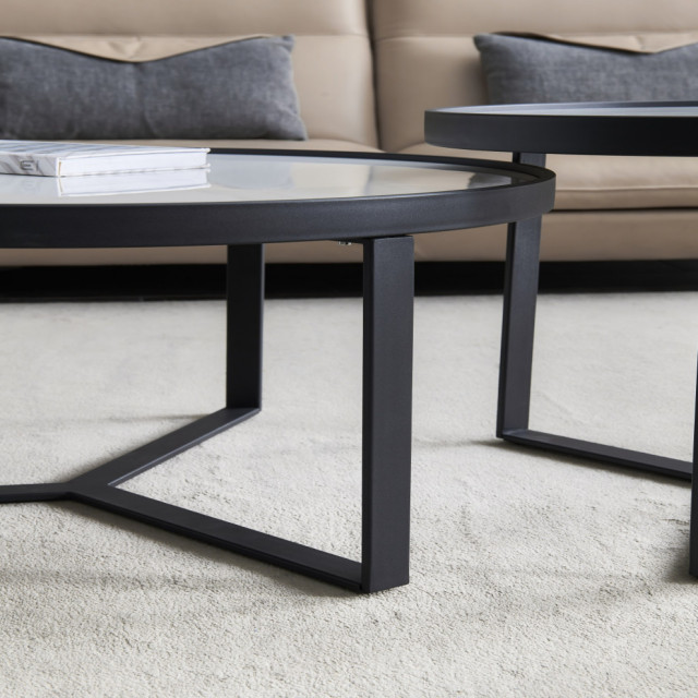 Modern Nesting Coffee Table Set, Black Metal Frame With Round Stone ...