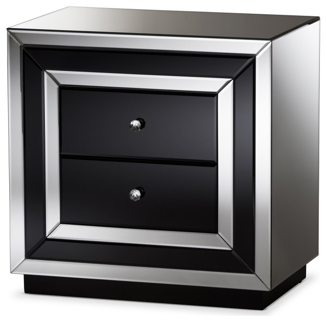 Contemporary Nightstand, Black Glass Cover With Clear Mirror Accents & 2 Drawers Contemporary