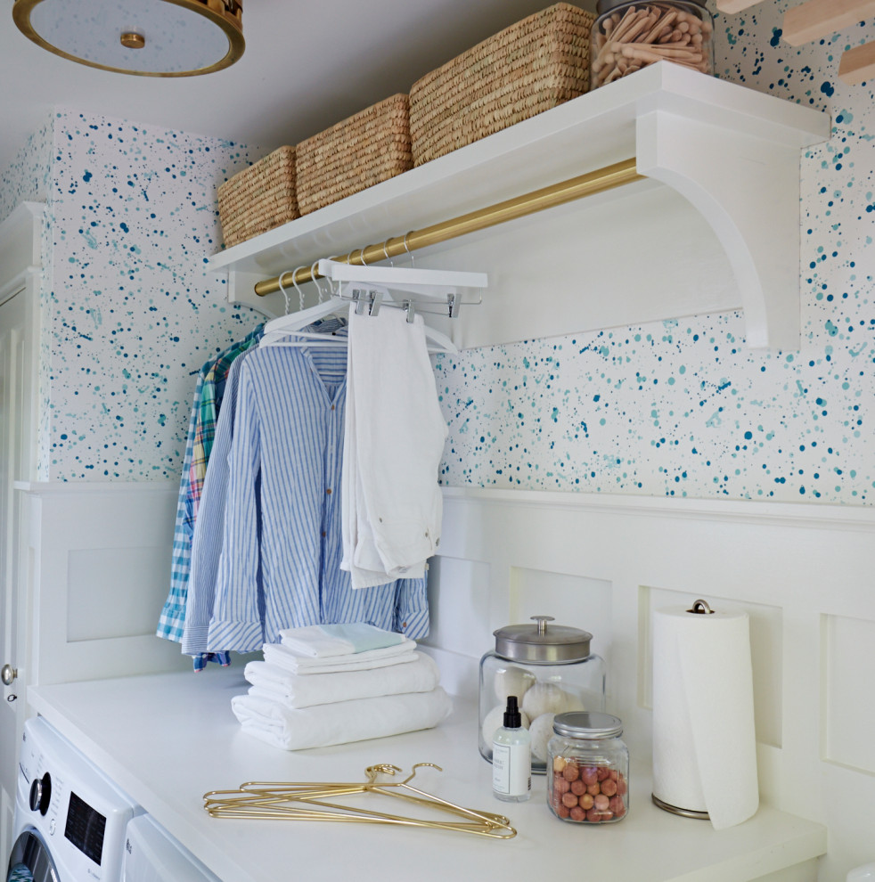 Inspiration for a small traditional galley dedicated laundry room in Philadelphia with terra-cotta floors and a side-by-side washer and dryer.