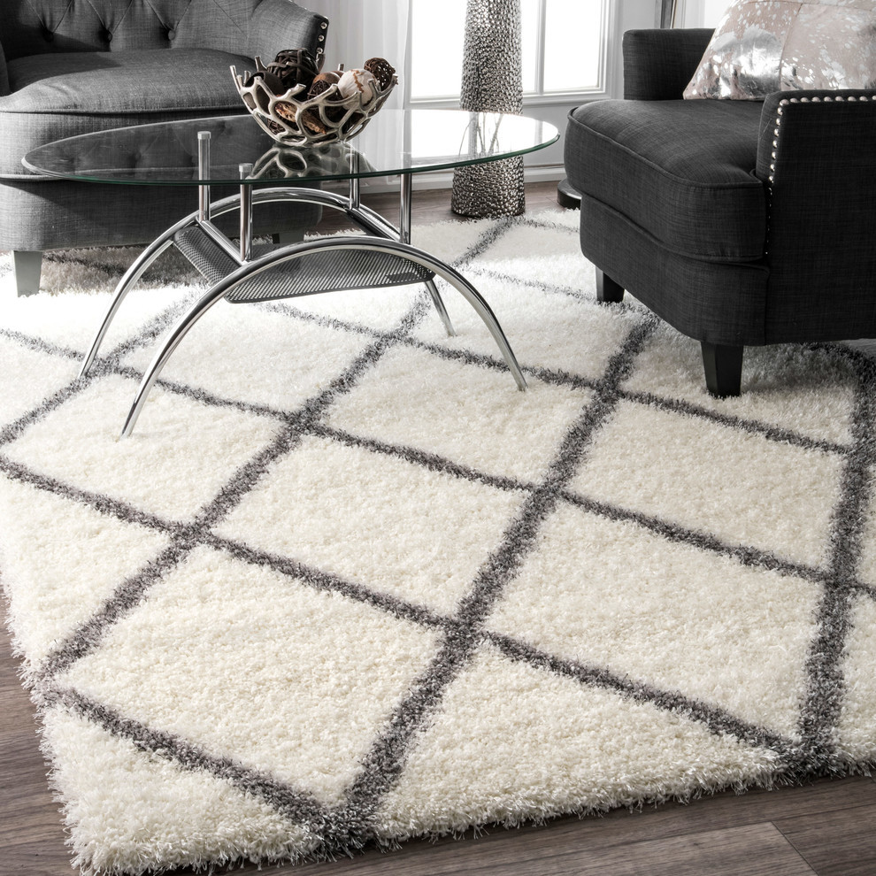 Machine Made Moroccan Diamond Shag Rug Scandinavian Area Rugs by