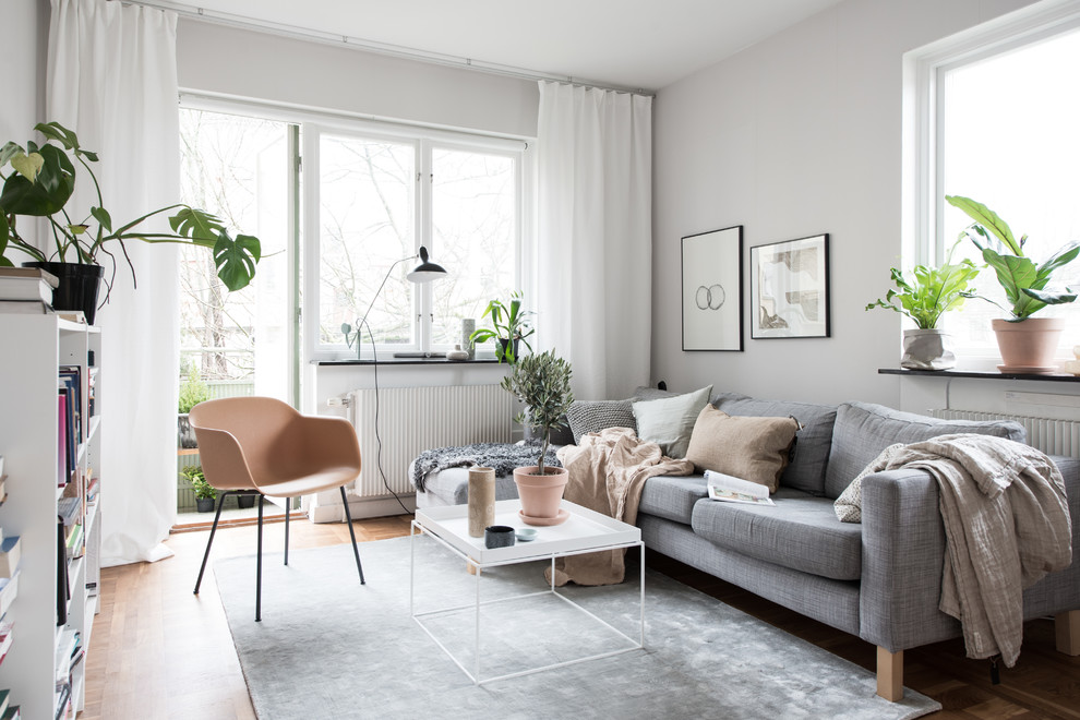 Design ideas for a small scandinavian enclosed living room in Gothenburg with white walls, medium hardwood floors, no fireplace and beige floor.
