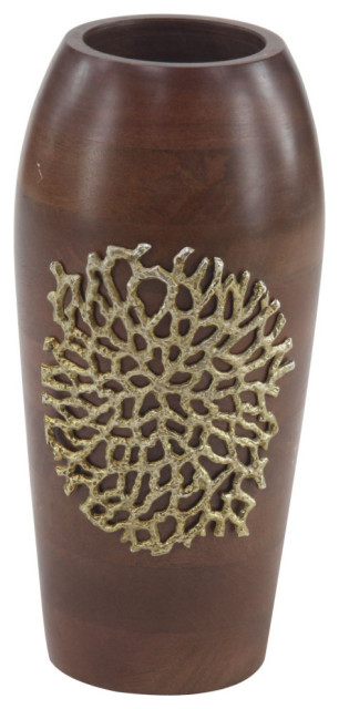 Large Cylinder Natural Mango Wood Vase With Gold Metal Coral Design
