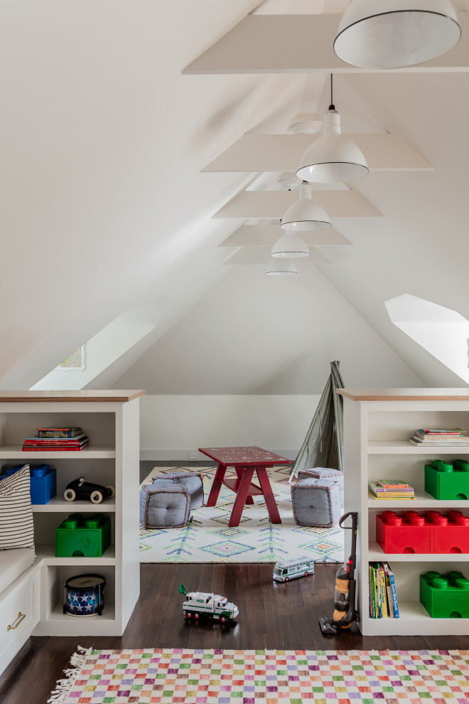 Inspiration for a traditional gender-neutral kids' room in Boston with white walls, dark hardwood floors, brown floor and vaulted.