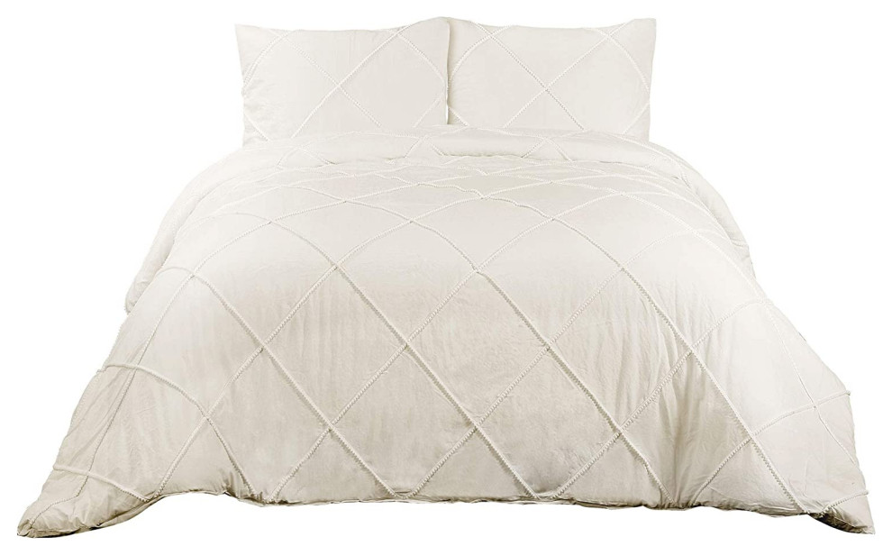 Diamond Pom Pom Comforter White 3Piece Set King Traditional