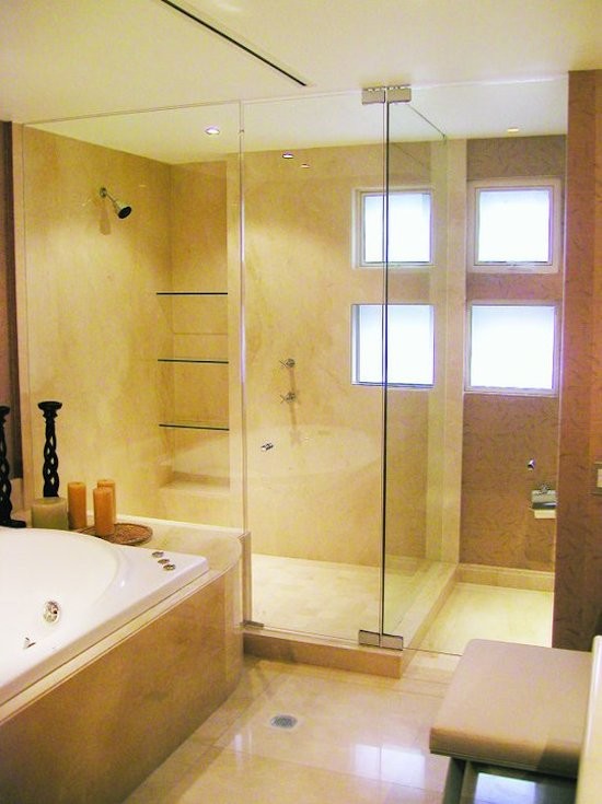 Mid-sized contemporary master bathroom in Richmond with a hot tub, an alcove shower, beige tile, porcelain tile, beige walls, porcelain floors, engineered quartz benchtops, beige floor and a hinged shower door.
