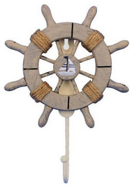 Rustic Decorative Ship Wheel With Sailboat And Hook 8 Rustic Decorative Ship Wheel With