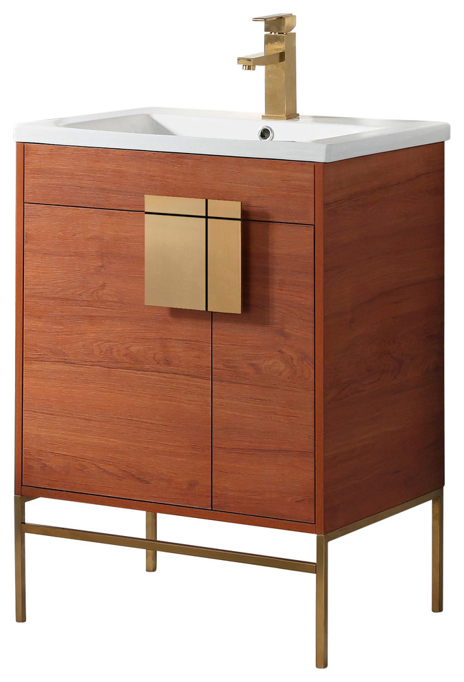 Modern Walnut Bathroom Vanity Set, Satin Brass Hardware, Vireous China Sink Top