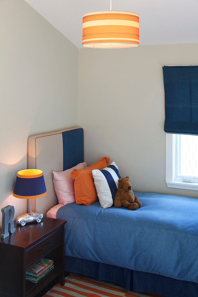 Transitional kids' room in San Francisco with white walls for boys.