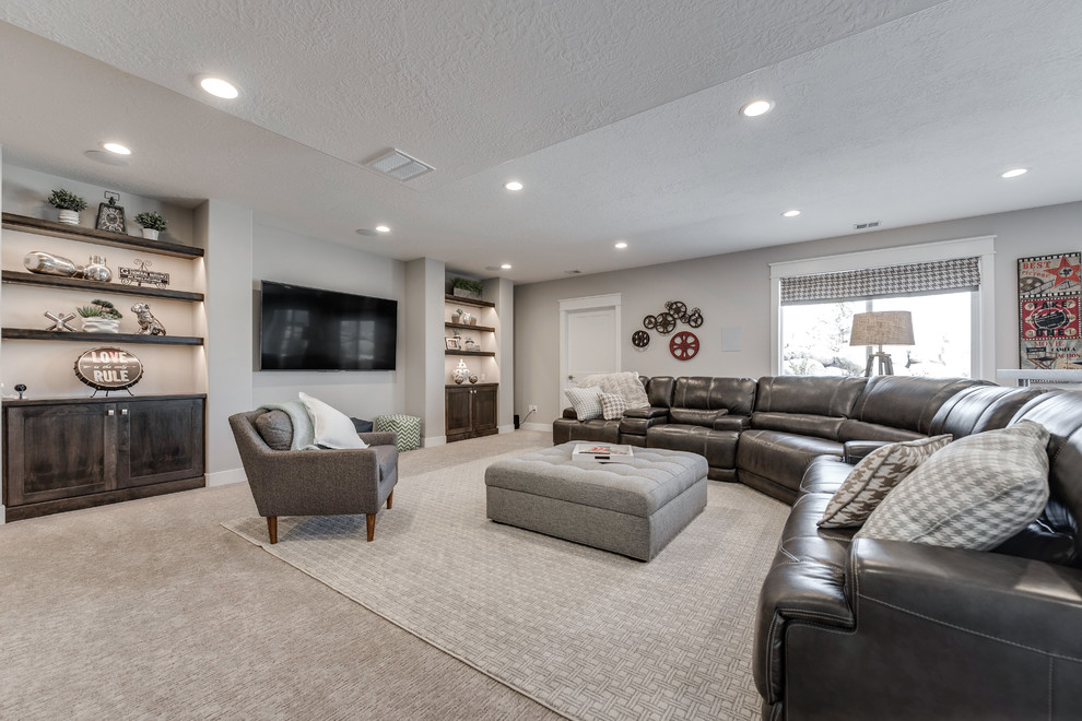 Inspiration for a large arts and crafts basement in Salt Lake City with grey walls and carpet.
