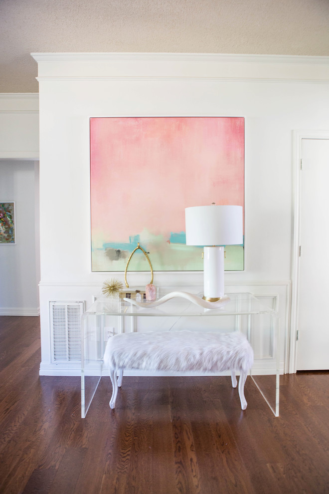 Contemporary hallway in Dallas with white walls, medium hardwood floors and brown floor.