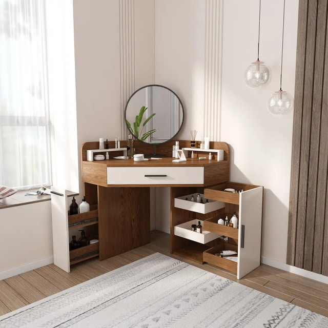 Corner Makeup Vanity with Drawer & Side Cabinet Multifunctional Dressing  Table M - Modern - Bedroom - Los Angeles - by HOMARY LIMITED | Houzz AU