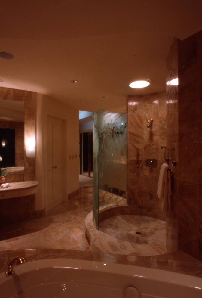 Inspiration for a large contemporary master bathroom in San Francisco with an open shower, marble benchtops, stone tile, beige walls and marble floors.