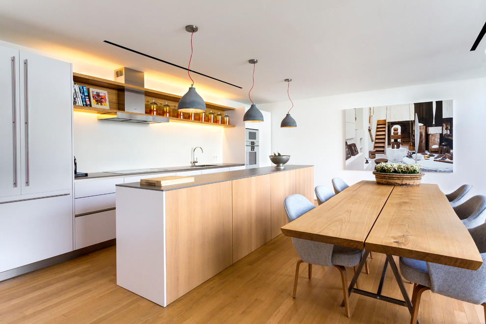 Design ideas for a mid-sized contemporary galley separate kitchen in Other with an undermount sink, flat-panel cabinets, white cabinets, white splashback, stainless steel appliances, medium hardwood floors and with island.
