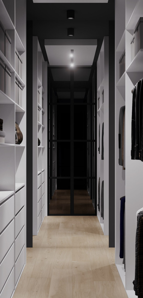 Exempel på en mellanstor modern garderob, med öppna hyllor, vita skåp och beiget golv