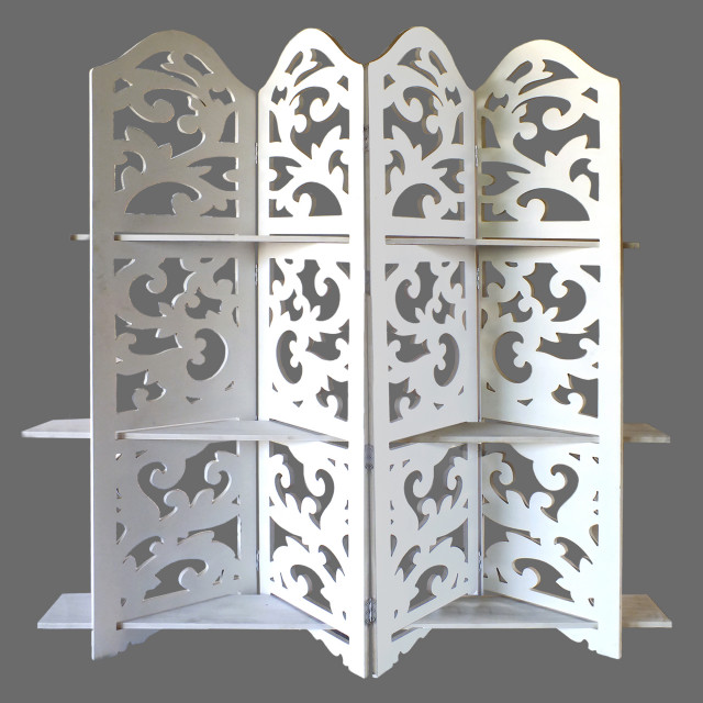 The Urban Port Hand Carved Four Panel Wooden Room Divider W Shelving Unit, White Traditional