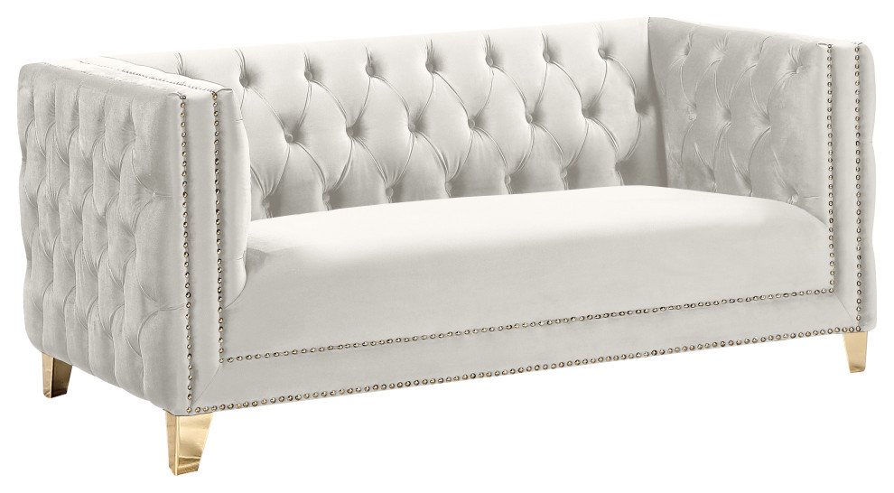 Michelle Fabric Upholstered Chair, Gold Iron Legs, Cream, Velvet, Loveseat