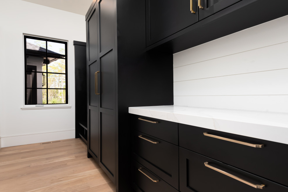 Example of a mid-sized transitional light wood floor hallway design with white walls