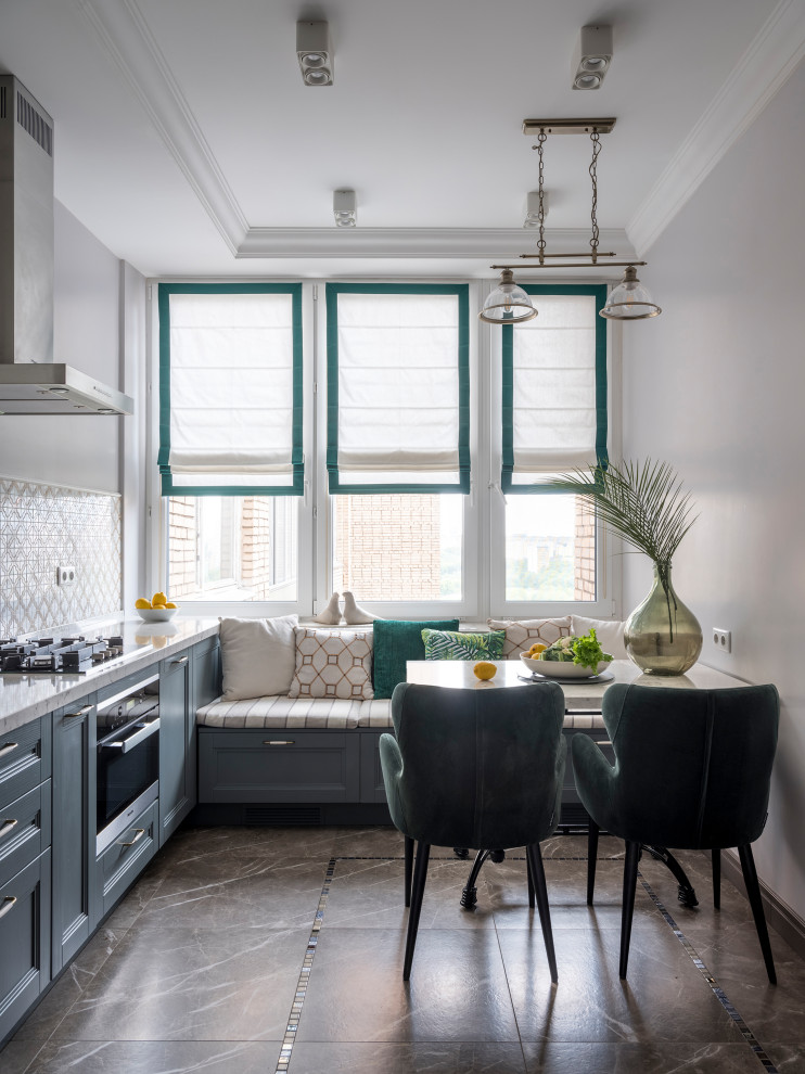 Mid-sized transitional single-wall eat-in kitchen in Moscow with an undermount sink, grey cabinets, quartz benchtops, beige splashback, marble splashback, stainless steel appliances, ceramic floors, no island, brown floor, beige benchtop and recessed-panel cabinets.