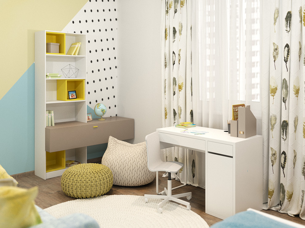 This is an example of a mid-sized contemporary kids' bedroom for kids 4-10 years old and girls in Other with multi-coloured walls, laminate floors and brown floor.
