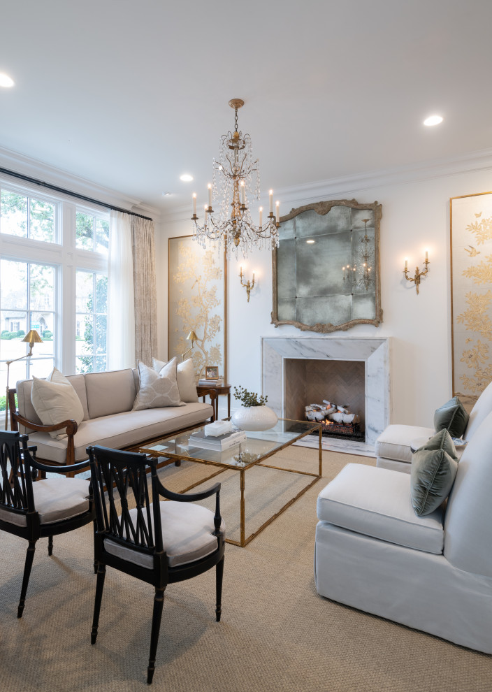 Inspiration for a transitional formal enclosed living room in Dallas with carpet, a standard fireplace, a stone fireplace surround, no tv and beige floor.