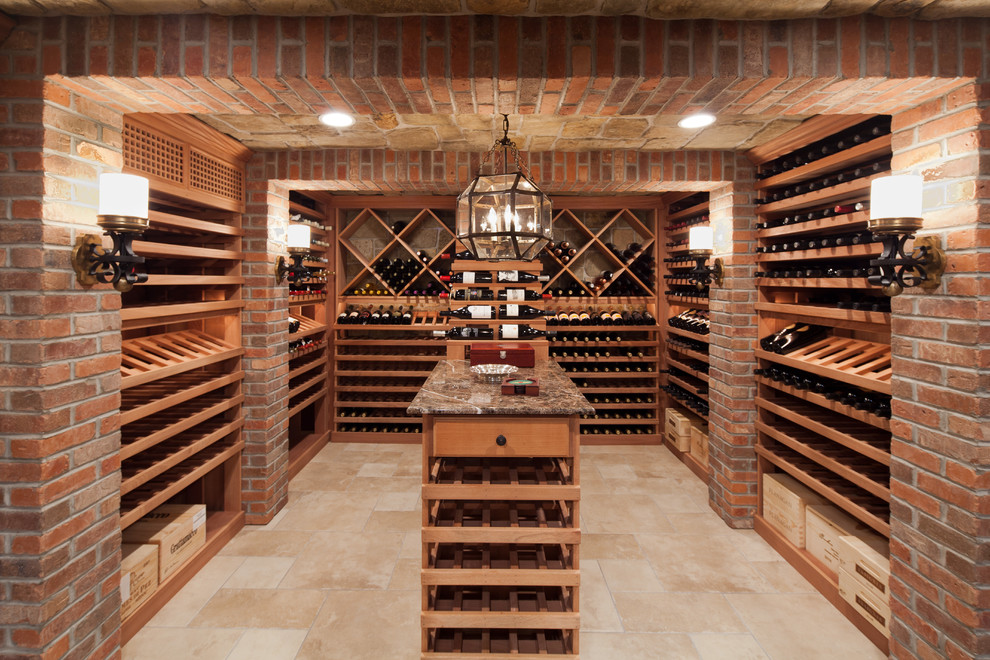 Inspiration for a large traditional wine cellar in New York with medium hardwood floors, display racks and beige floor.