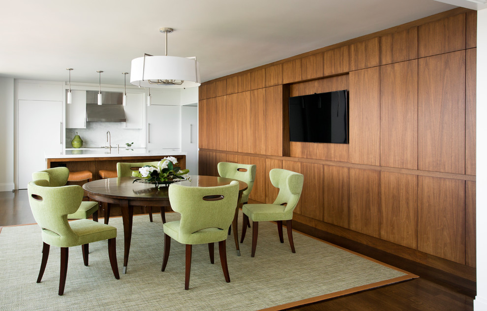 Example of a large trendy dark wood floor kitchen/dining room combo design in Boston with white walls