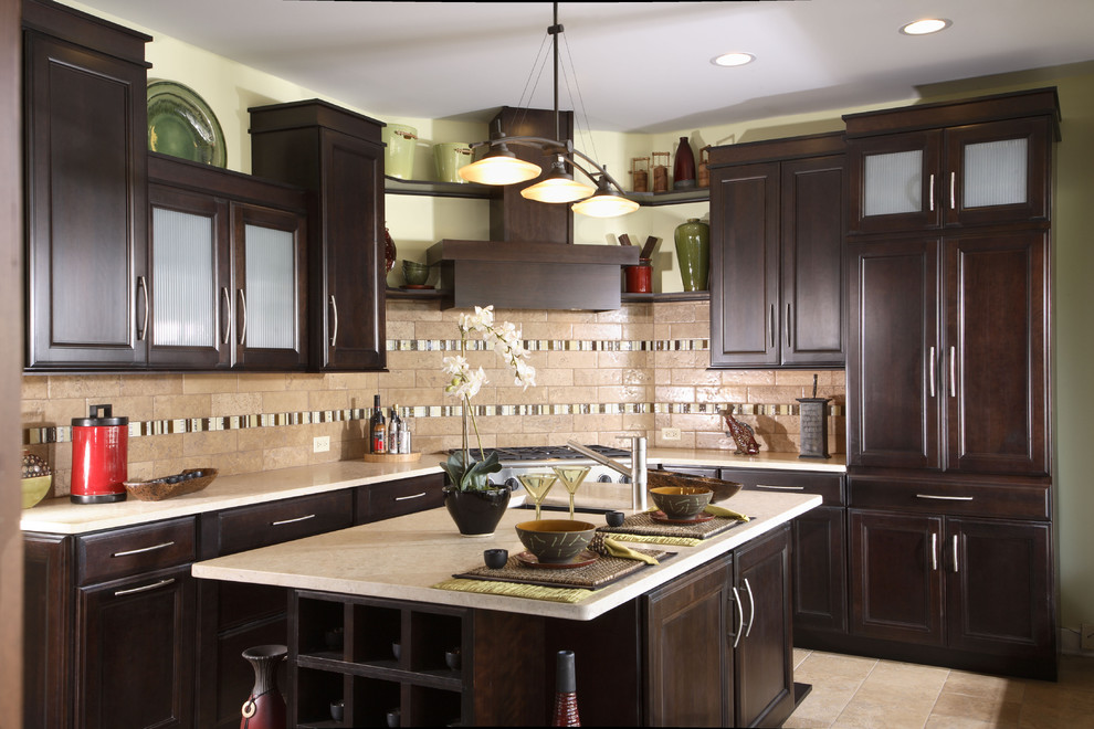 Mid-sized asian l-shaped kitchen in Chicago with an undermount sink, recessed-panel cabinets, dark wood cabinets, beige splashback, stainless steel appliances and with island.