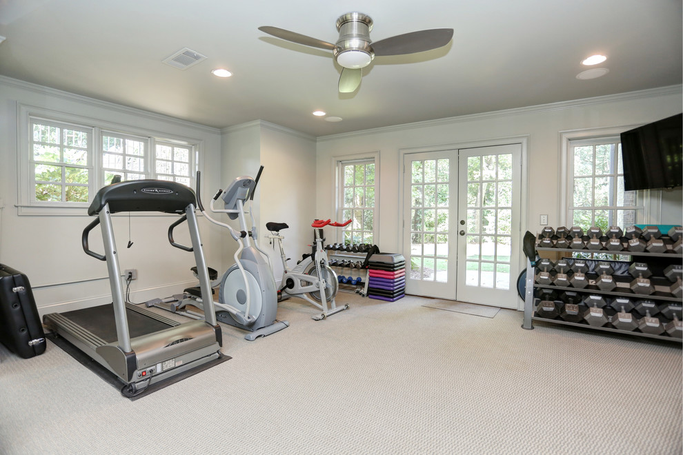 Mid-sized traditional home weight room in Atlanta with grey walls, carpet and white floor.