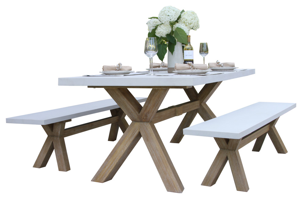 3-Piece Ivory Composite and Eucalyptus Wash Rectangle Dining Set With Benches