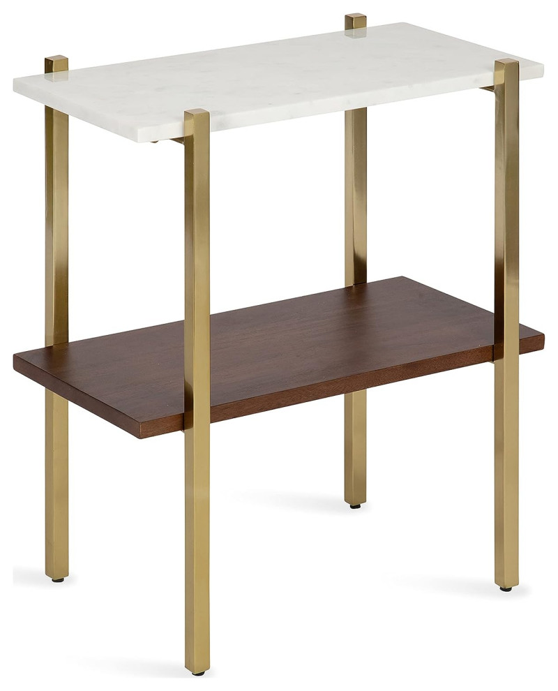 Midcentury End Table, Gold Legs With Walnut Brown Shelf & White Faux