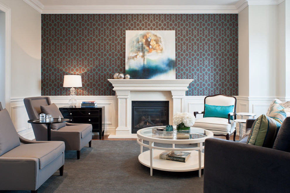 Inspiration for a contemporary living room in Toronto with multi-coloured walls and a standard fireplace.
