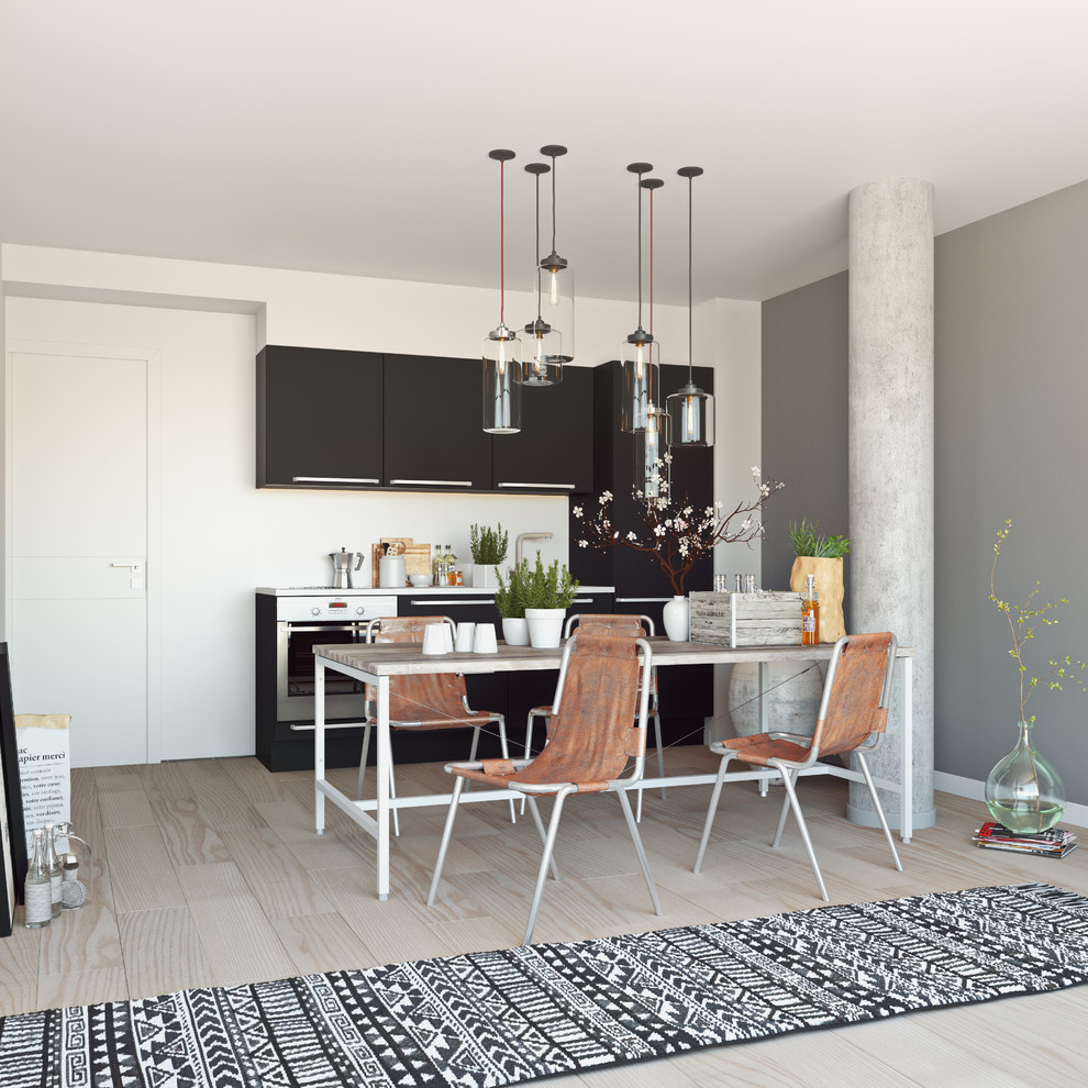 Design ideas for a mid-sized scandinavian kitchen/dining combo in Aalborg with white walls, light hardwood floors and no fireplace.